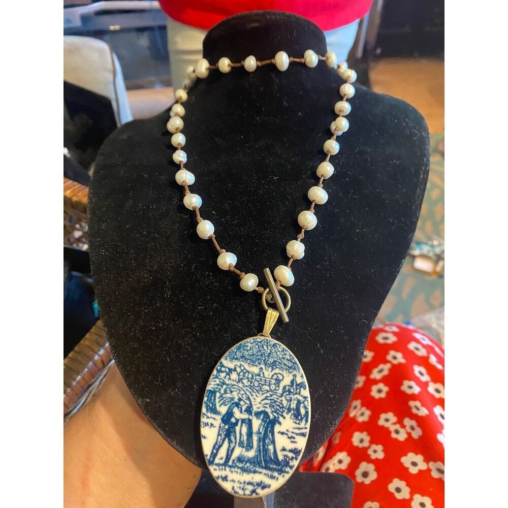 Handmade Vintage Blue White China Porcelain Pendant Freshwater Pearl Necklace